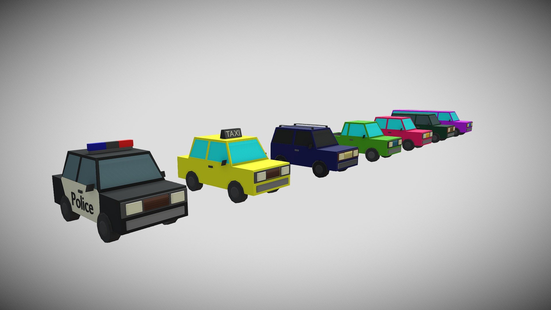 A package of low-poly cars was created to help you create and make your work easier.

The package consists of 7 cars: a police car, a taxi, an SUV, a pickup truck, a van and a limousine.

All models have 9k triangles. all models use only one texture and one material

The set contains files: blender c4d  maya 3dsmax fbx  obj

If you liked this kit, please leave a review! It will help me to create even bigger product and make you happy! - low poly cars - Buy Royalty Free 3D model by 7ka (@Verasavy) 3d model