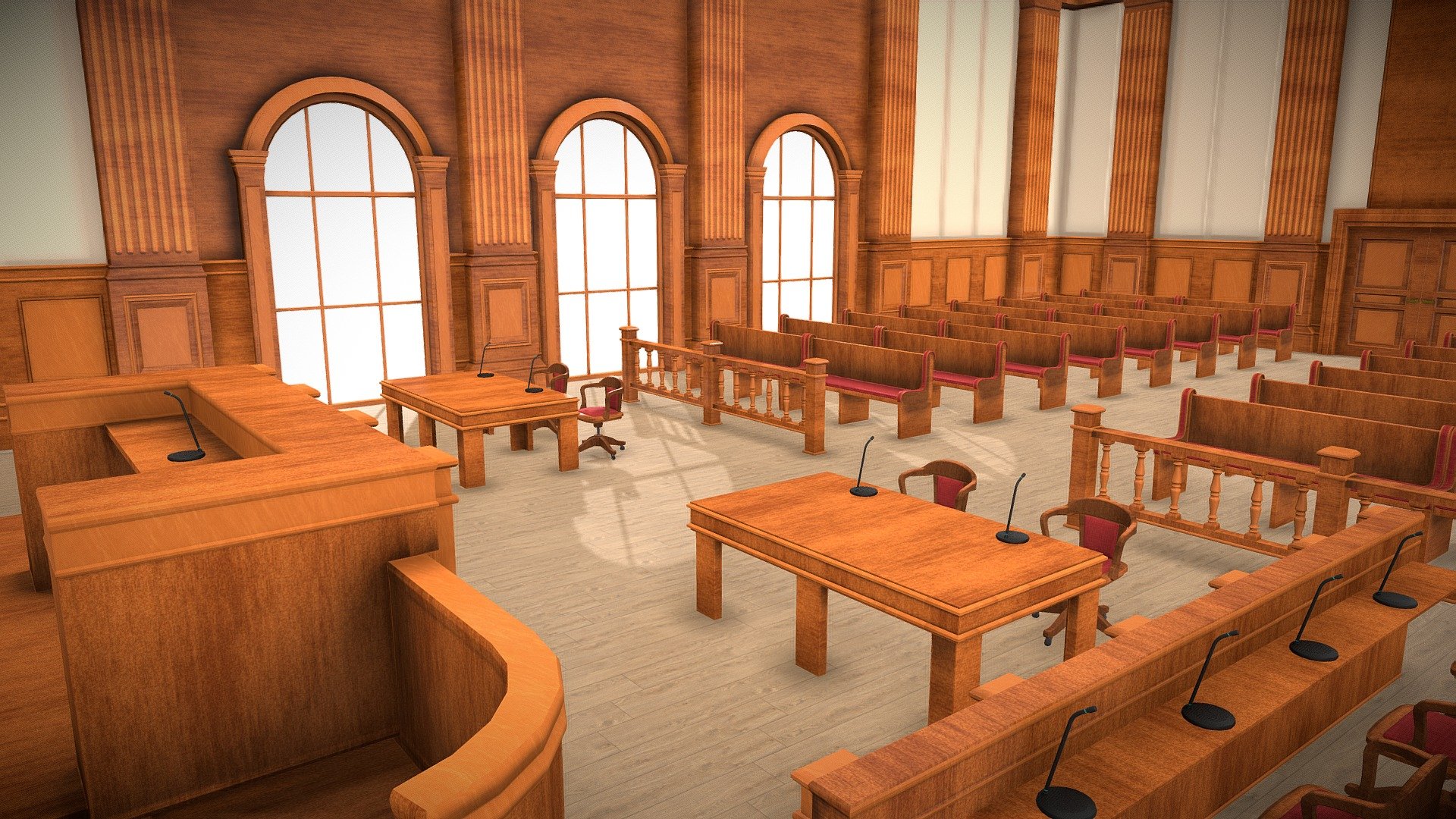 Low poly modular court room

1.High quality polygonal model, correctly scaled for an accurate representation of the original object.

2.Models resolutions are optimized for polygon efficiency.

3.All colors can be easily modified.

4.Model is fully UV textured with all materials applied.

5.Texture pack consists of AO, BaseColor, Diffuse, Metallic, Normal, Roughness, Height

Included PBR textures with resolutions 4096x84096px 3d model