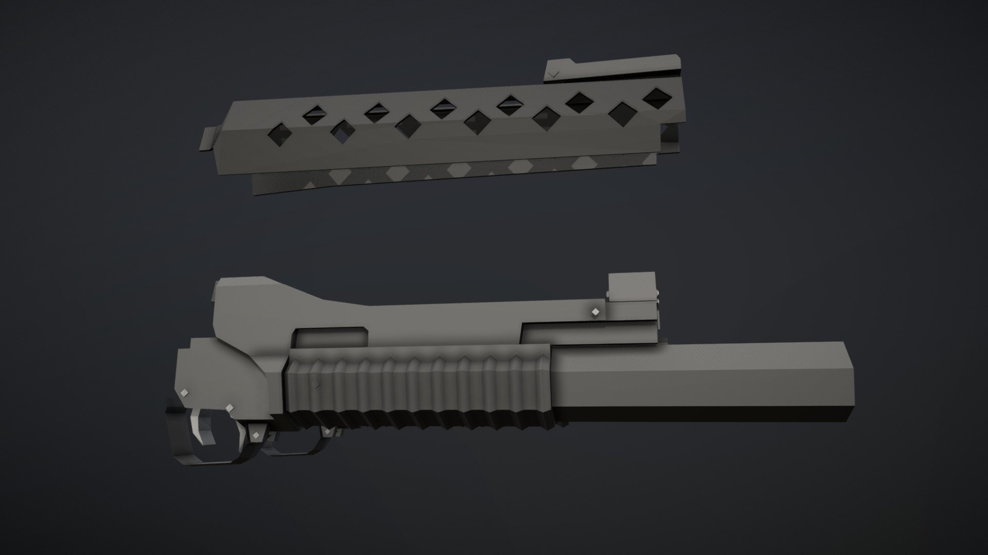 Low-Poly model of the M-203, an american-made 40mm grenade launcher, originally made to attach under the M16, but nowadays seen on a number of other platforms. includes M16 compatible version and rail compatible version, with 9in and a 12in barrel length variants, as well as the heatshield for mounting onto M16 rifle 3d model