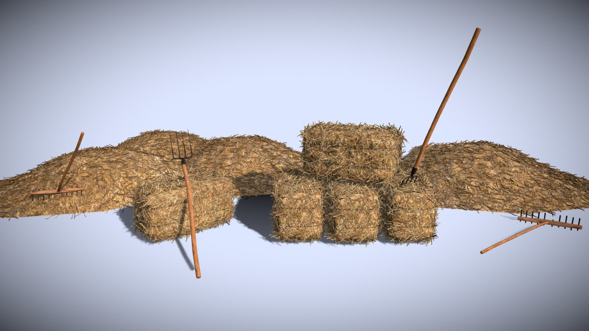 Straw bales and straw scattered on the ground, plus two tools for hauling the straw. Separate models in additional download and in more formats, FBX, OBJ. Textures in PBR size 1024 3d model