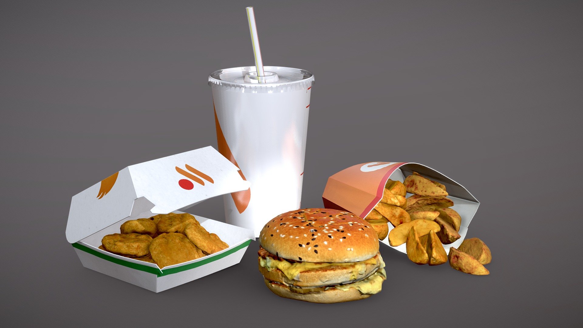A selection of fast food from a well-known establishment.

Actual size.
Easy to edit. All items have UV mapping.
* PBR textures have 2K and 4K resolution 3d model