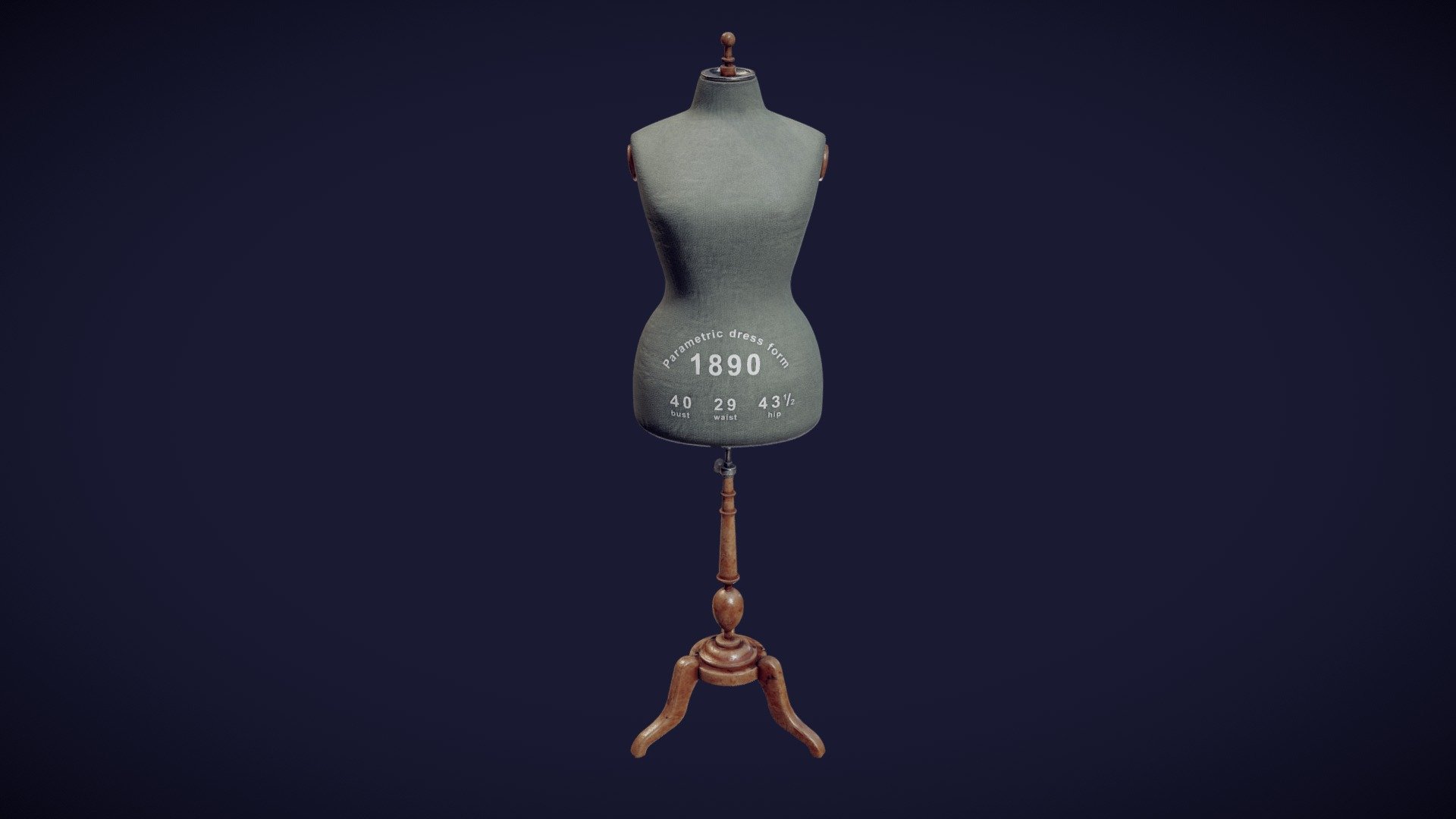 The 3D model presents a historical mannequin (a dress form) dating to 1890. The virtual mannequin was generated automatically by using a new method of parametric modelling (for further details see https://doi.org/10.1108/IJCST-06-2019-0093). The values of body measurements were taken from a sizing table published in “The Cutters Practical Guide to the Cutting of Ladies’ Garments” (V.D.F. Vincent, 1890). The measurements of the mannequin are: bust – 40 inches; waist – 29 inches; hip – 43.5 inches. The authors of the 3D model are

Aleksei Moskvin https://independent.academia.edu/AlekseiMoskvin

Mariia Moskvina https://independent.academia.edu/MariiaMoskvina

(Saint Petersburg State University of Industrial Technologies and Design)

DOI: http://dx.doi.org/10.13140/RG.2.2.24232.70402
https://www.researchgate.net/publication/357168467_1890_dress_form_size_40

The authors thank scientists from Ivanovo State Polytechnic University for providing information on historical mannequins 3d model