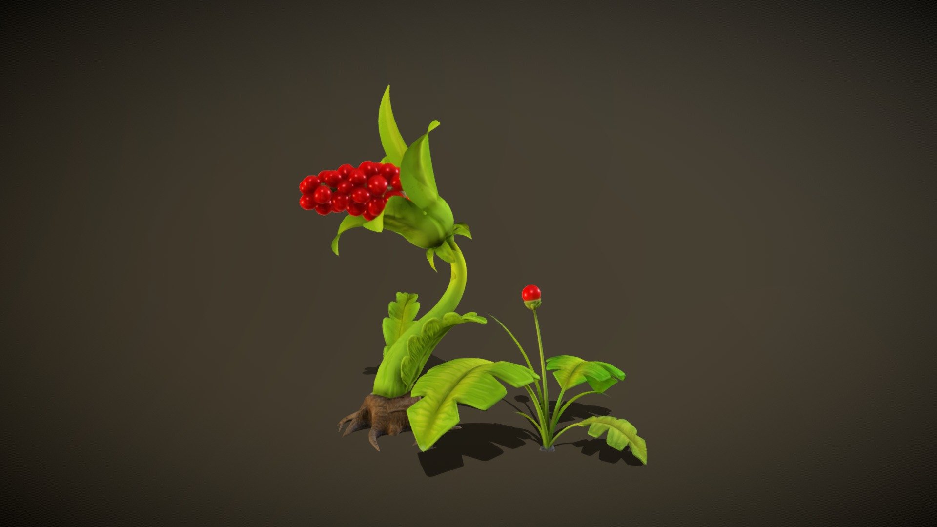 Stylized low-poly plants (Detachable squared fern and berry plant, not rigged, static objects) for game projects on Unity3D (for Universal RP or High Definition RP), Unreal Engine, Godot engine, etc. It requires a double-sided type of shader rendering for grass and small leaves. Both of them have PBR oriented textures (Diffuse texture, Roughness texture, Normal map, AO texture),with OpenGL normals (2048 x 2048 px).

Squared fern has 3,704 triangles and 11,112 vertices. Berry plant has 13,065 triangles and 39,195 vertices.

To render berries in other 3d renders like in blender EEVEE you have to apply your own shader with Fresnel effect 3d model