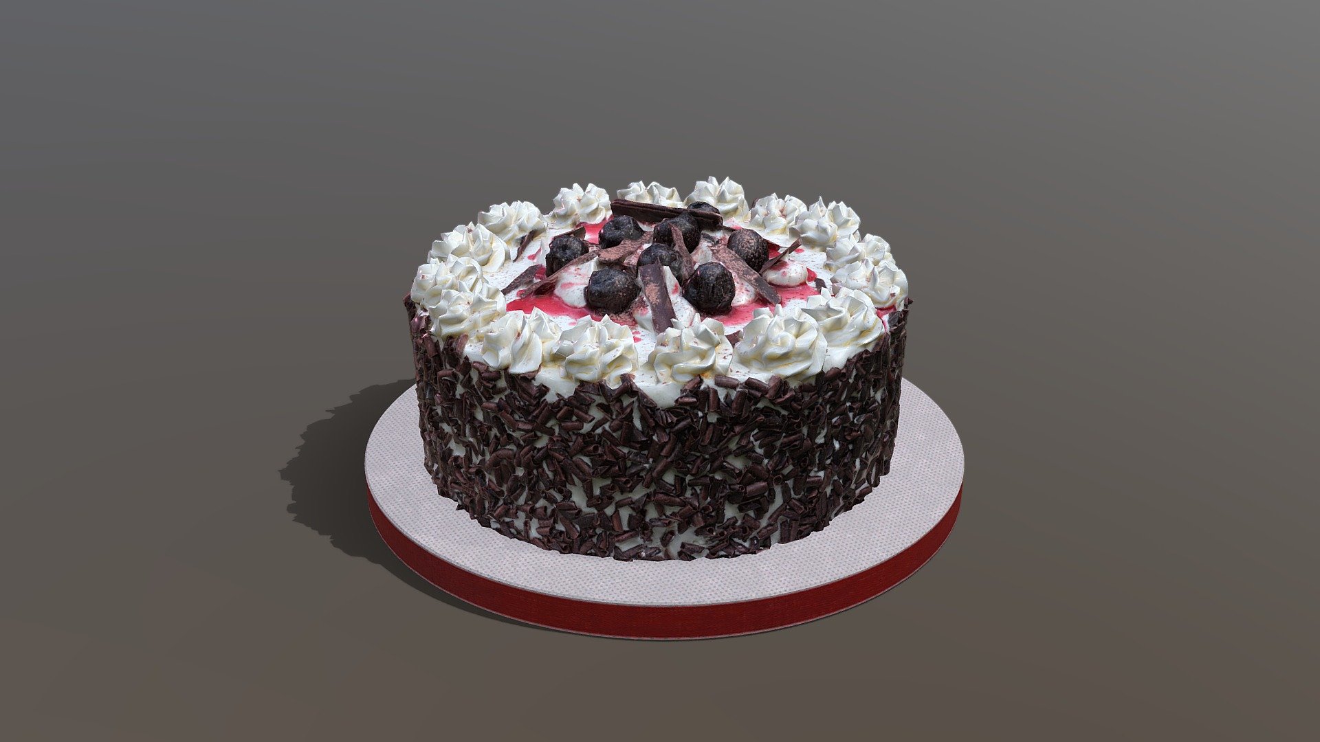 This iconic Black Forest Gateau model was created using photogrammetry which is made by CAKESBURG Premium Cake Shop in the UK. You can purchase real cake from this link: https://cakesburg.co.uk/products/black-forest-cake?_pos=3&amp;_sid=809787975&amp;_ss=r

Textures 4096*4096px PBR photoscan-based materials Base Color, Normal, Roughness, Specular)

Click here for the cut &amp; slice version.

Click here for a slice of cake model 3d model