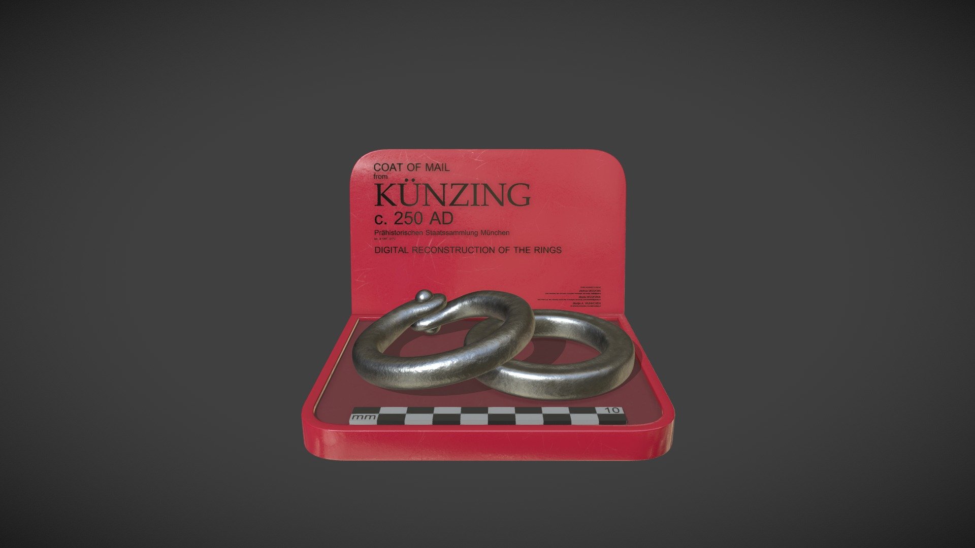 The 3D model presents a digital reconstruction of solid and riveted rings of archaeological mail armour. To create 3D models of the rings, we used polygonal modelling functions of Blender software. In order to record the relevant measurements of the mail rings, we used a list of parameters. This list includes 11 parameters for a riveted ring and four parameters for a solid ring. The accuracy of the digital replicas of the rings was 0.01 mm. The authors of the reconstructions are 

Aleksei Moskvin (Saint Petersburg State University of Industrial Technologies and Design) 
https://independent.academia.edu/AlekseiMoskvin

Mariia Moskvina (Saint Petersburg State University of Industrial Technologies and Design) https://independent.academia.edu/MariiaMoskvina

and Martijn A. Wijnhoven (VU University Amsterdam) 
https://vu-nl.academia.edu/MartijnAWijnhoven 

DOI: https://doi.org/10.13140/RG.2.2.12294.50247 - Armour from Künzing: 3D reconstruction - Download Free 3D model by Aleksei Moskvin (@alekseimoskvin1) 3d model