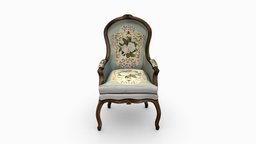 Antique Bergere Chair room, armchair, bedroom, sitting, vintage, retro, flowers, antique, pattern, classic, furniture, single, beautiful, floral, dining, bergere, pbr, chair, low, poly, design, wood, blue, royal