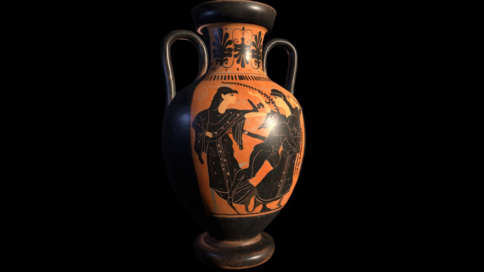 Amphora with a scenery representing on the right Peleus rapting Thetis.
The figure on the left represents a Nereid 3d model