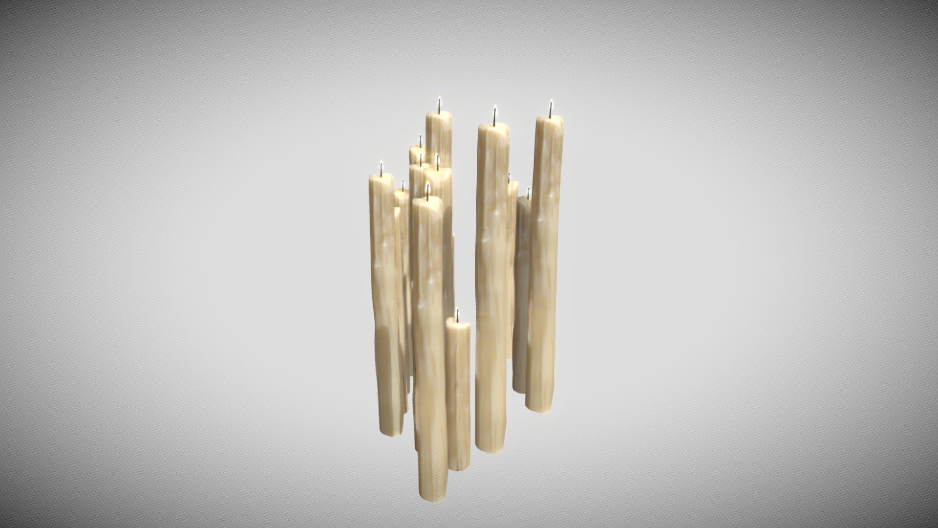 Thin Melted Candles 3D Model. This model contains the Thin Melted Candles itself 

All modeled in Maya, textured with Substance Painter.

The model was built to scale and is UV unwrapped properly. Contains only one 4K texture set.  

Besides the regular maps, this set contains: opacity, emissive, SSS.

⦁   4080 tris. 

⦁   Contains: .FBX .OBJ and .DAE

⦁   Model has clean topology. No Ngons.

⦁   Built to scale

⦁   Unwrapped UV Map

⦁   4K Texture set

⦁   High quality details

⦁   Based on real life references

⦁   Renders done in Marmoset Toolbag

Polycount: 

Verts 2109

Edges 4146

Faces 2046

Tris 4080

If you have any questions please feel free to ask me 3d model