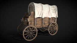 Covered wooden wagon stagecoach, hat, barrel, tent, medieval, west, wagon, cart, wild, cowboy, western, american, covered, carrage, game, vehicle, lowpoly, horse, car, wood