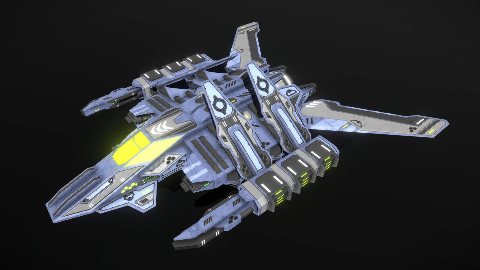 This is a model of a low-poly and game-ready scifi spaceship. 

The weapons are separate meshes and can be animated with a keyframe animation tool. The weapon loadout can be changed too. 

The model comes with several differently colored texture sets. The PSD file with intact layers is included.

If you have purchased this model please make sure to download the “additional file”.  It contains FBX and OBJ meshes, full resolution textures and the source PSDs with intact layers. The meshes are separate and can be animated (e.g. firing animations for gun barrels, rotating turrets, etc) 3d model