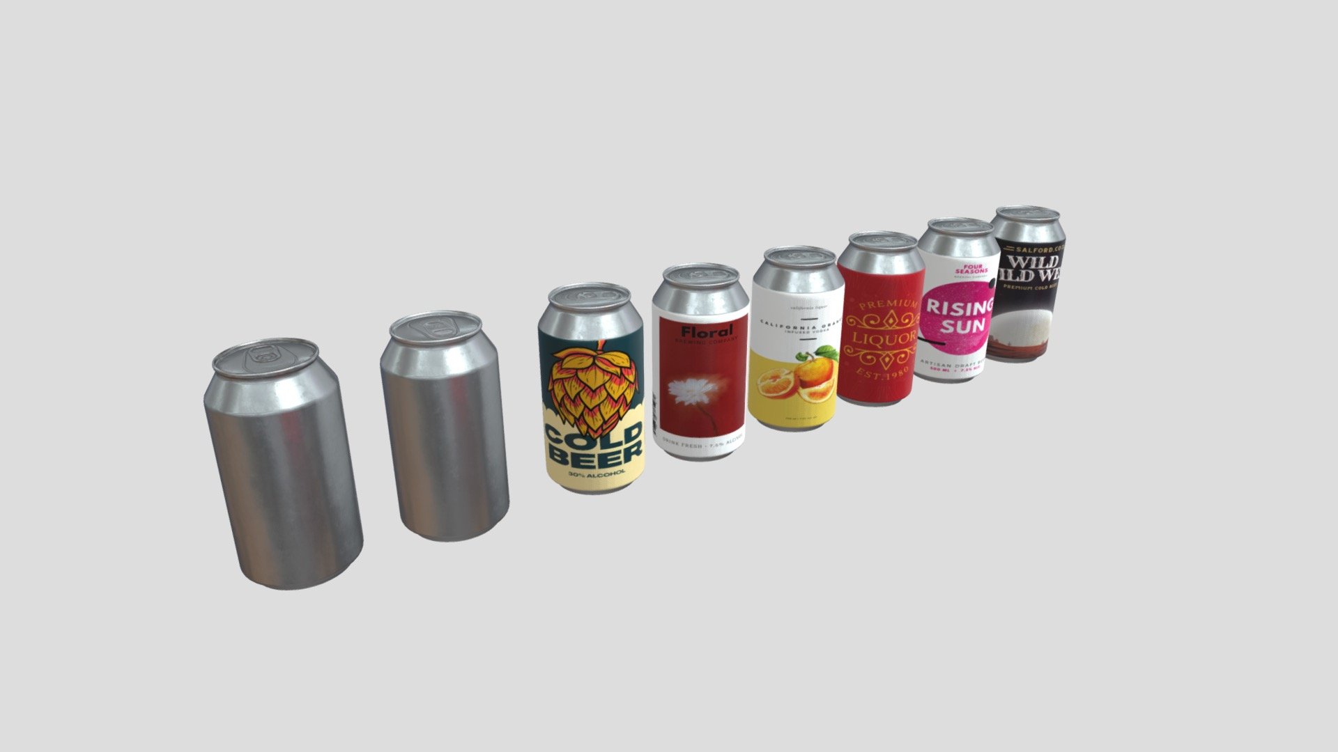 This Ultimate beer can pack is perfect for any scene as a prop or decorative element. The model is viewable from all angles and distances, the beer labels also wrap around entirely. The Labels can easily be replaced or changed.

THESE ARE FAKE ALCHOHOL COMPANIES

This includes:

The Mesh
4K texture Set (Albedo, Metallic, Roughness, Normal, Height)
9 Variants (Clean, Dirty, and 7 Different Brands)
The Mesh is UV Unwrapped with vertex colors and can easily be retextured 3d model