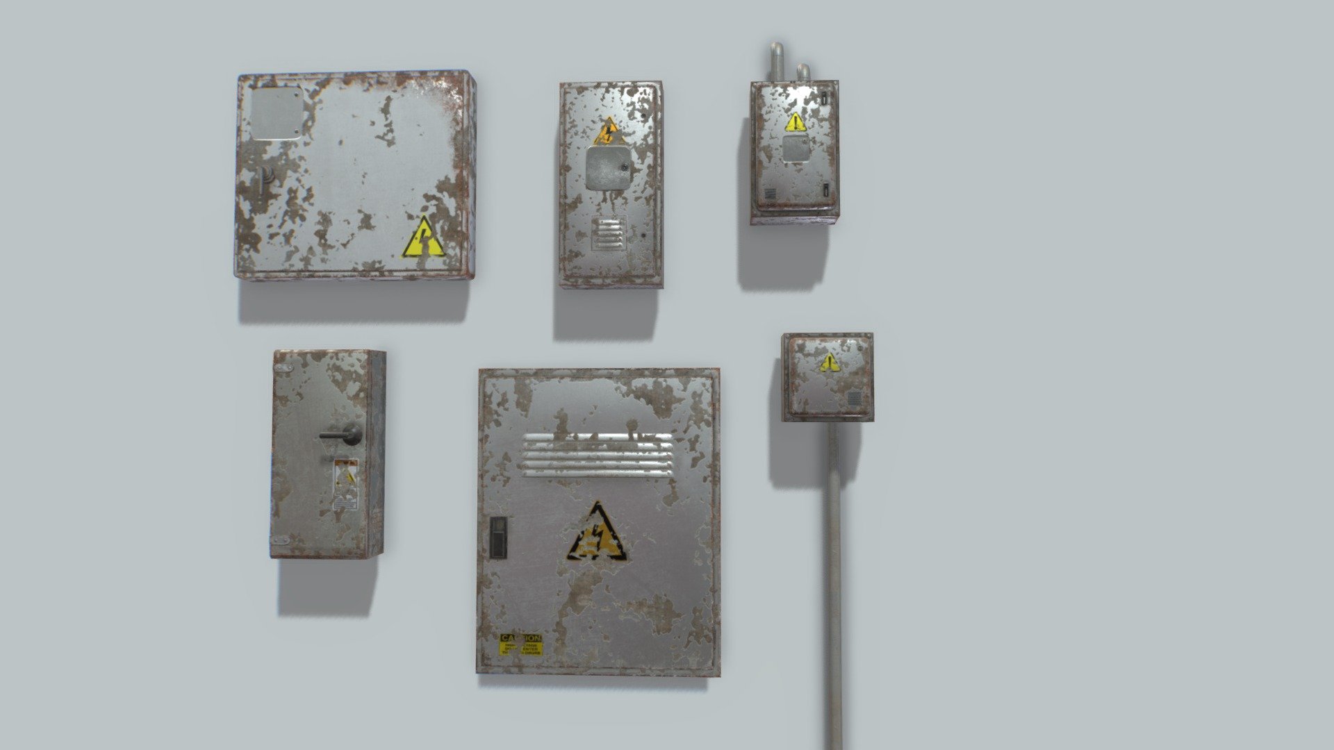 Pack of 6 old electrical boxes based in real ones. Real scale.

Comes with 4096x PBR textures including Albedo, Normal, Metalness, Roughness and AO.

Total verts 2200 polys 4000 - Old and Rusty Electrical Box Pack 2 - Buy Royalty Free 3D model by 32cm 3d model