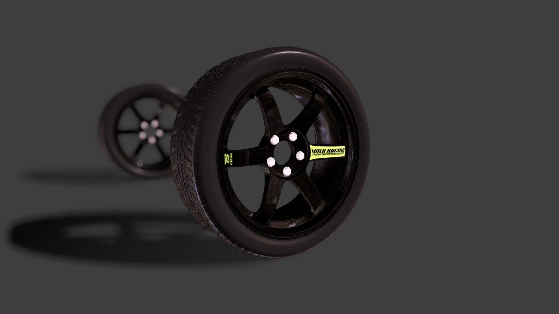 Model of Volk Racing TE37 Rims. Including low profile tires. 
Included are two dimensions of rims (and tires): narrow &amp; wide for front &amp; rear. The wheels are already perfectly spaced out to be used with one of my models: Toyota Supra mk IV. 
The wheels can ofcourse be used for other cars as well. You just have to adjust the positioning and size.

Polygons/Vertices (4 wheels combined):
Low Poly: 108,664/110,076
High Poly: 633,920/635,580

Available File variants:
BLEND (Modifiers not applied + Modifiers applied); Modifiers include Subdivison
OBJ (Low Poly + High Poly) - Volk Racing TE37 Rims (w/ Low profile tires) - Buy Royalty Free 3D model by Render at Night (@Render_at_Night) 3d model