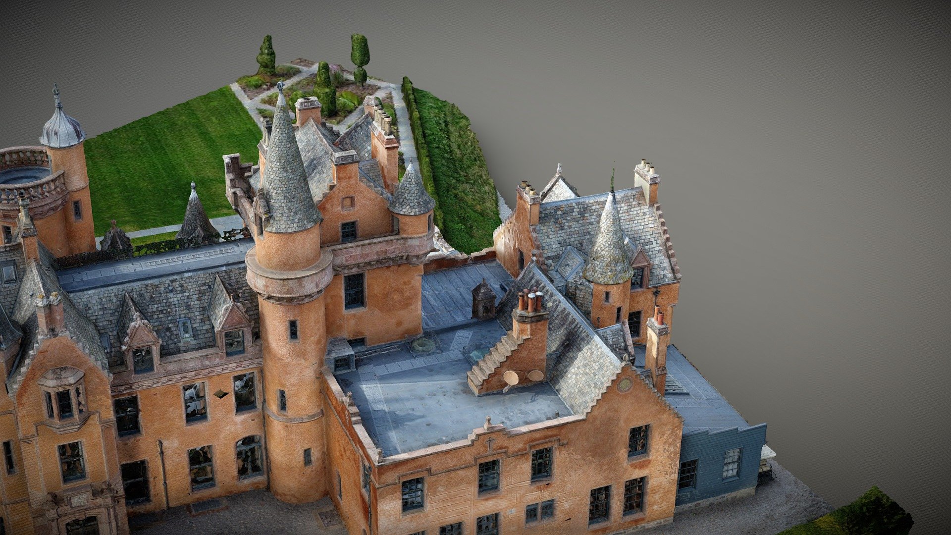 3D model exploring 3d modelling by drone. This model is of Aldourie Castle, Scottish Highlands. Email contact@dronemediascotland.com all rights reserved 3d model