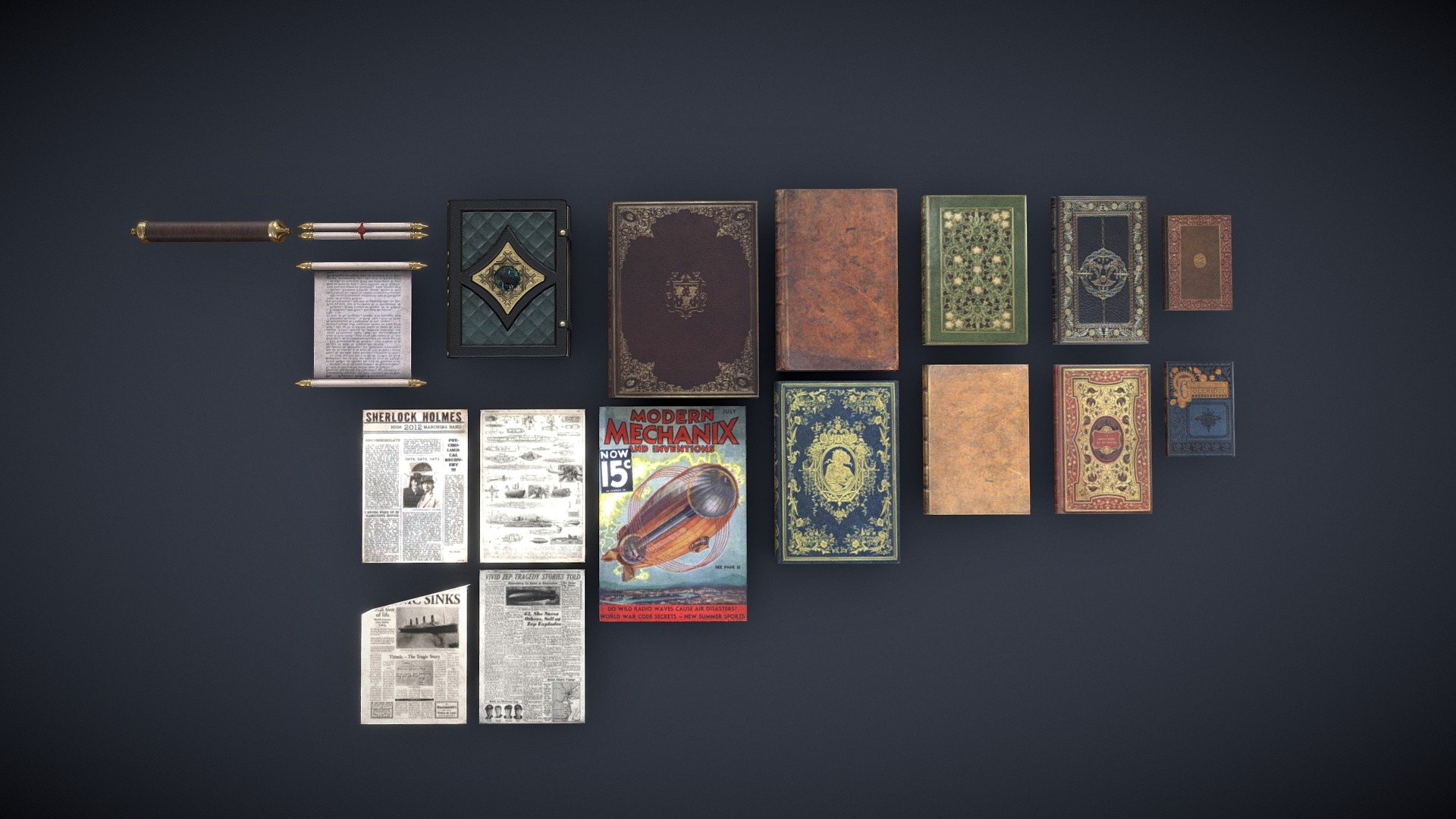 Hi all, just a small collection of low polys books and parchment to fill the shelf of a victorian project.

Made with Maya, PS and Substance.

You will find in the package Scene file, FBX and 2k Textures.
If you have any customs need, please feel free to contact me 3d model