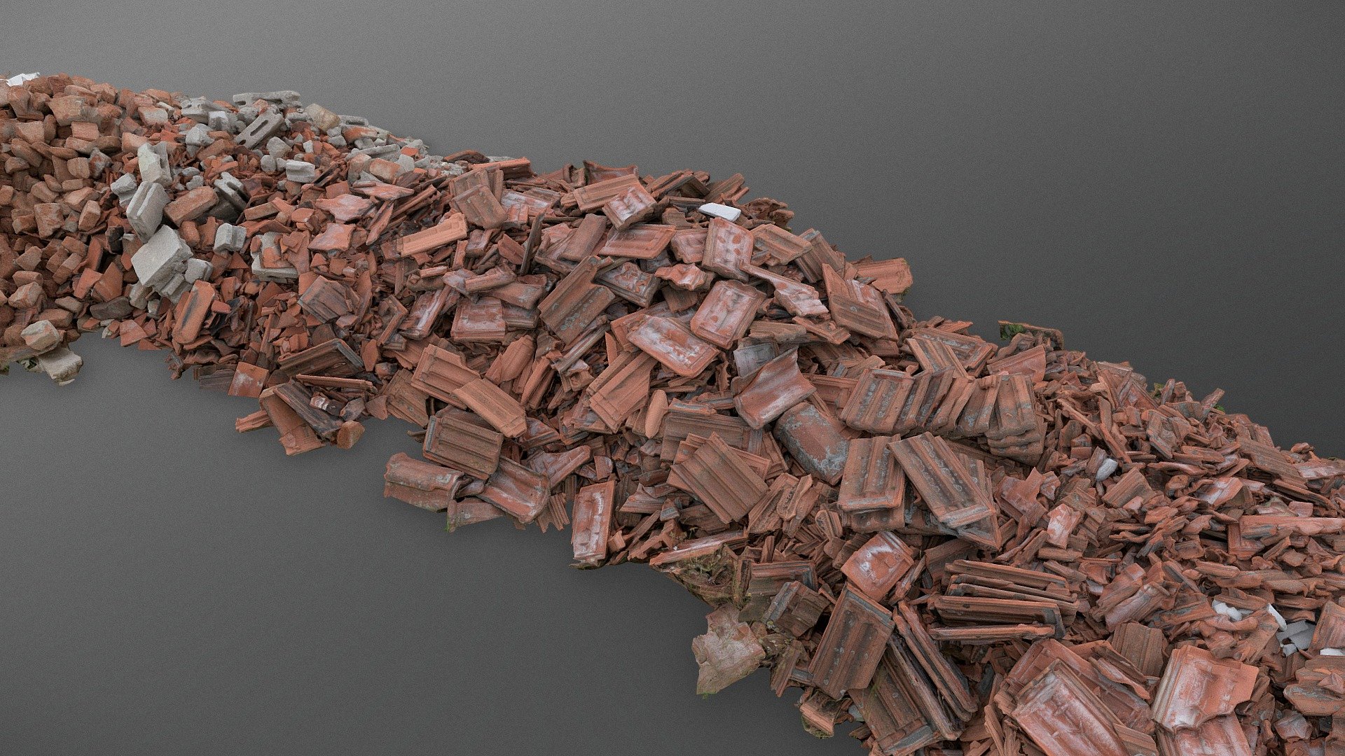 Long large roof tiles pile heap of construction material building debris, bricks and old broken roof tiles pile mound stack

photogrammetry scan (220x24mp), 3x16k textures + hd normals (as additional .zip) - Long roof tiles pile - Buy Royalty Free 3D model by matousekfoto 3d model