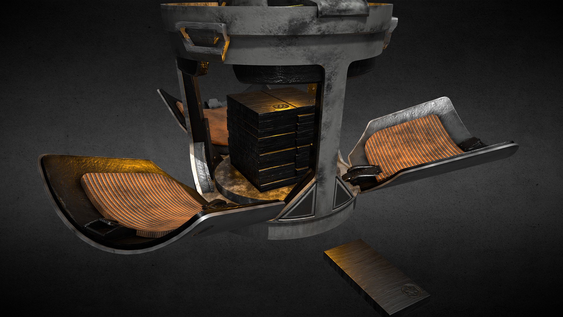 The safe from The Mandalorian is a typical asset I can get my hands on. Yet, I felt like it had to be&hellip; dirtier^^

I swore to myself long ago that never again would I do painting, would it be in 3D-Coat or Substance&hellip; especially Substance. But Substance Designer was not the kind to bear this project. I did my best with an unknown software so.

RE-UPLOAD : I added some Beskar ingots to add some authenticity. But rest assured that I made them in Designer, for God's sake 3d model