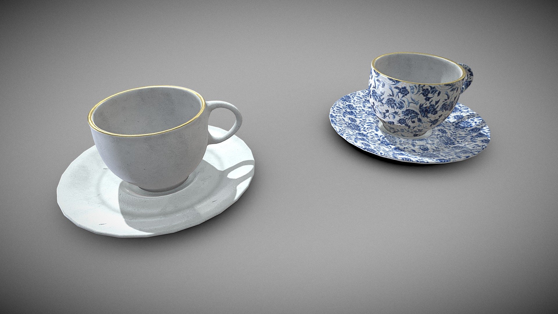 A simple pair of dusty cup and saucers, one is plain porcelain and the other has a flowery pattern wth a gold rim

PBR textures @4k - Cup and saucer - Buy Royalty Free 3D model by Sousinho 3d model