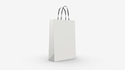 White paper bag with handles 01 empty, white, packaging, paper, shopping, bag, store, market, gift, mockup, handle, retail, package, buy, carry, blank, 3d, pbr, design, black