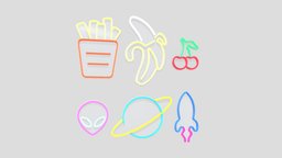 Neon Sign Pack 2 bar, lamp, drink, food, fruit, led, universe, fiction, future, exterior, club, shopping, ufo, market, sun, stars, fastfood, astro, outer, alien, glow, signboard, lightning, fluorescent, lowpoly, scifi, futuristic, ship, street, shop, space, light