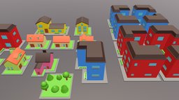 10 Low poly houses pack tree, assets, exterior, residential, urban, architectural, residence, tool, cityscape, suburban, villagehouse, architecture, game, lowpoly, house, home, city, building, street