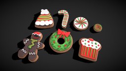 Festive Christmas Cookies food, cookies, wreath, christmas, gingerbread, treats, candycane, pbr, lowpoly