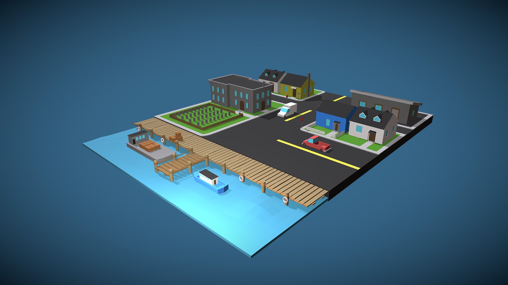 A low-poly port town model/illustration made in Blender 2.8 (Beta) 3d model