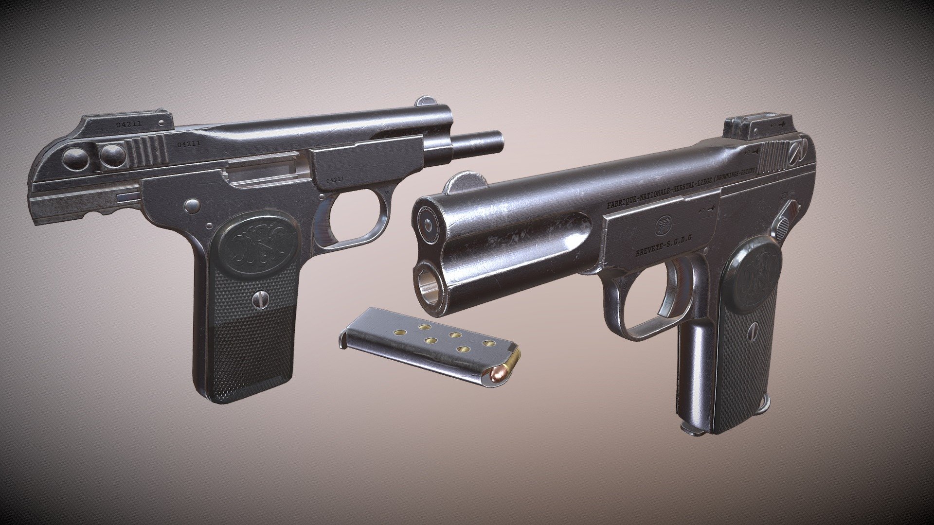 The FN Browning M1900 is a single action, semi-automatic pistol designed c. 1896 by John Browning for Fabrique Nationale de Herstal (FN) and produced in Belgium at the turn of the century. It was the first production handgun to use a slide.
Low-poly pbr-game-ready model

Textures 4k PBR Metallic Roughness

high poly modeling done in blender and ZBrush

Low poly done in blender

Textured in Substance painter, baked and rendered using Marmoset Toolbag 4 - M1900/Browning No.1 - Buy Royalty Free 3D model by Wallerion 3d model
