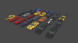 LOW POLY 23 MUSCLE PACK mustang, camaro, ford, cars, chevrolet, charger, corvette, gt, daytona, dodge, stingray, challenger, pontiac, nfs, drift, srt, hellcat, eleanor, cartoo, low, poly, car, polygon