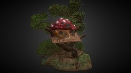 TreeHouse trees, tree, green, forest, mushroom, barrel, ladder, mushrooms, treehouse, toadstool, house
