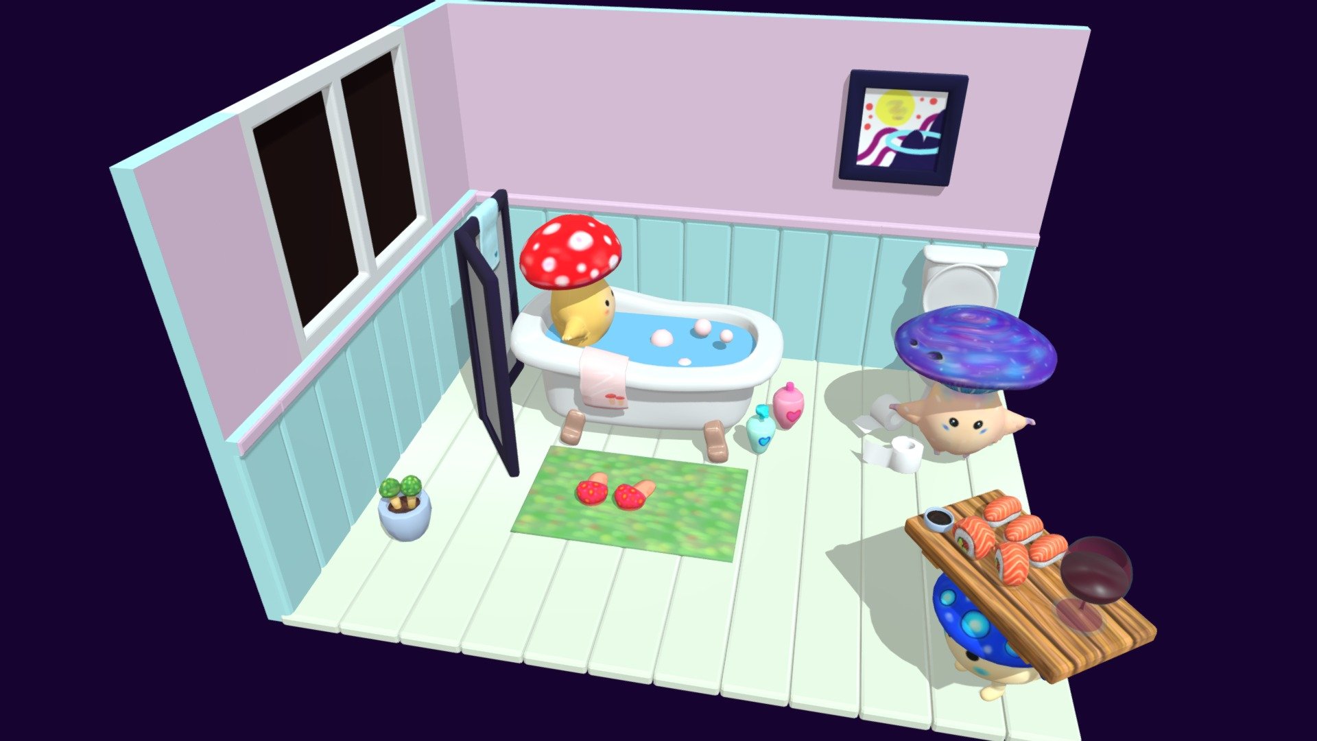 These Adorable Mushroom Fairies are doing their own businesse. The red mushroom takes a hot bath, the Purple mushroom uses toliet, and the Alfredo mushromm serves delicious sushi set.  What is your favorite activity in the Washroom?
They are hand-painted textures and they are Rigged 3d model