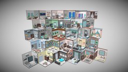 Cartoon interior 3 room, bathroom, cafe, assets, exterior, furniture, interiors, props, kitchen, appartments, unity, cartoon, game, scifi, mobile, house, city, decoration, interior, modular, wall