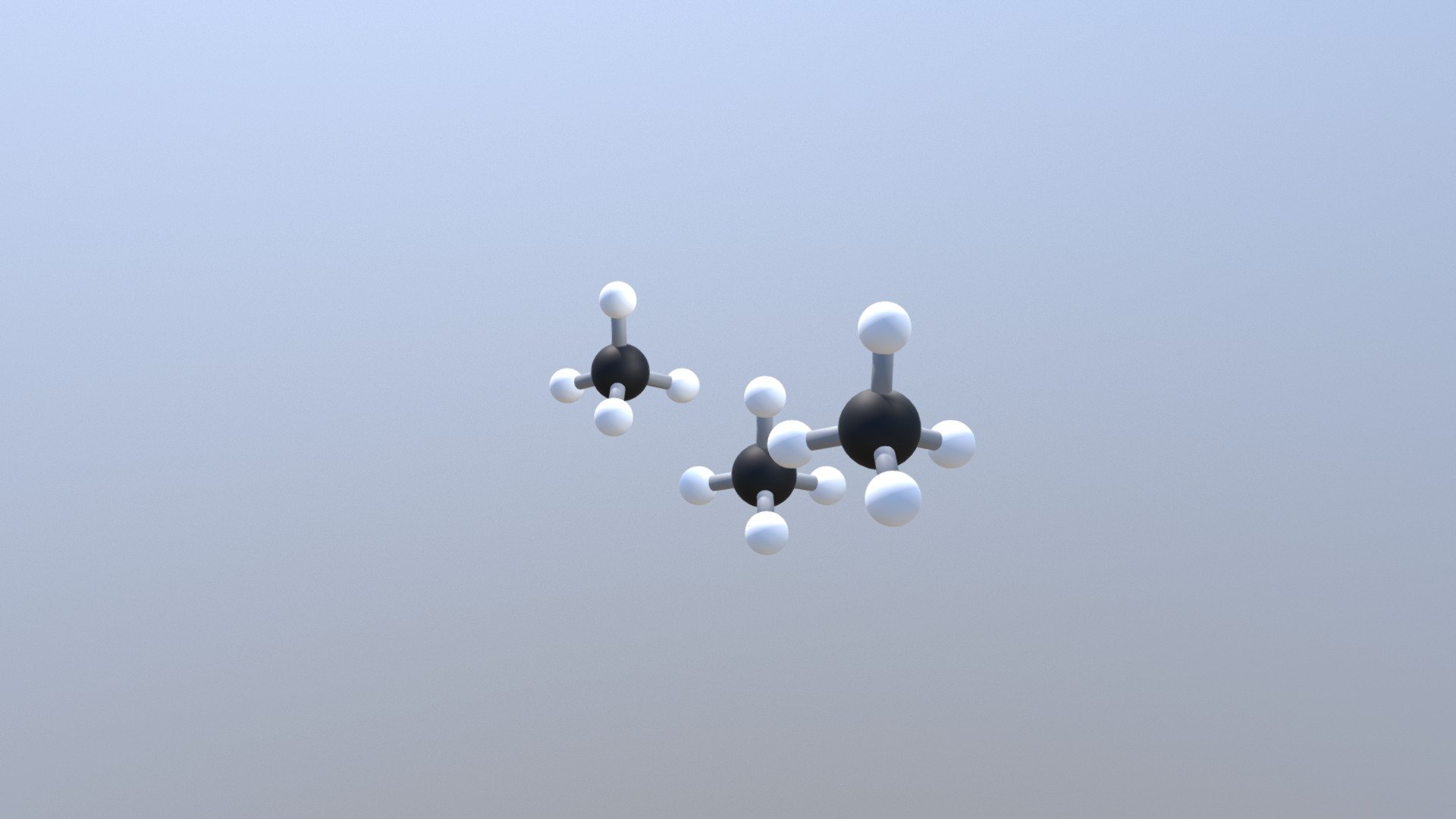 Black = Carbon

White = Hydrogen

In this model, it depicts covalent molecular bonding with Methane. There are three of the Methane molecules shown, and the intermolecular bonding is omitted as to display the weakness of it in comparison to the strong covalent intramolecular bonding between the Hydrogen and Carbon atoms. Methane is a non-polar molecule, as the tetrahedral structure assists in balancing the charge, and Hydrogen and Carbon do not have a very large difference in charge.

This model is also suitable to an extent, as it clearly represents where the intramolecular bonds are within the molecule, however in a real molecule, those bonds would not be able to be seen, and thus the model is slightly inaccurate. Moreover, the model is not a real depiction of the size of the model, however it displays the format of the elements in the correct structure. It also doesn’t give the real amount of molecules that would be present, and the spacing between the molecules would be different from the model 3d model