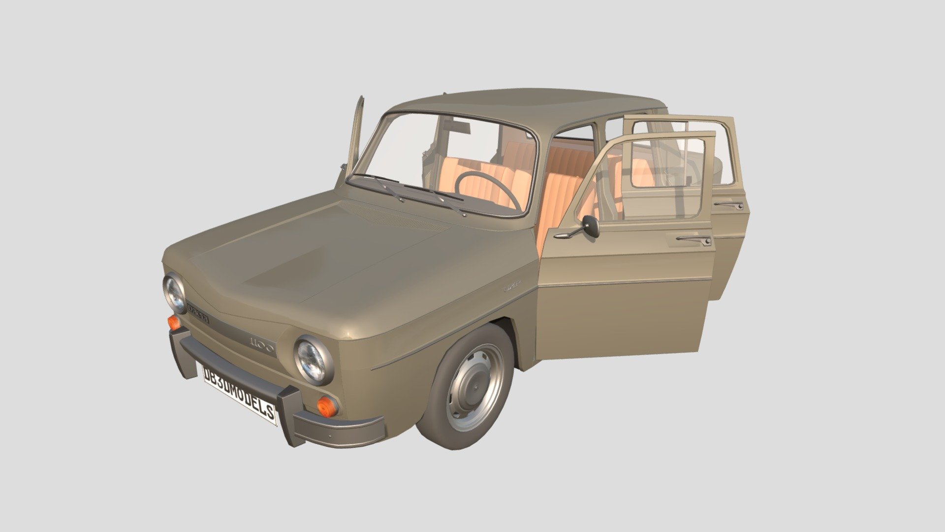 Highly detailed Dacia 1100 with a detailed interior 3d model rendered with Cycles in Blender, as per seen on attached images. 
The 3d model is scaled to original size in Blender.

File formats:
-.blend, rendered with cycles, as seen in the images;
-.blend, open, rendered with cycles, as seen in the images;
-.obj, with materials applied;
-.obj, open, with materials applied;
-.dae, with materials applied;
-.dae, open, with materials applied;
-.fbx, with materials applied;
-.fbx, open, with materials applied;
-.stl;
-.stl, open;

Files come named appropriately and split by file format.

3D Software:
The 3D model was originally created in Blender 2.8 and rendered with Cycles.

Materials and textures:
The models have materials applied in all formats, and are ready to import and render.
The models come with two png textures, one for the car lights, interior details, and one for the number plates.

General:
The models are built mostly out of quads and are subdivisable 3d model