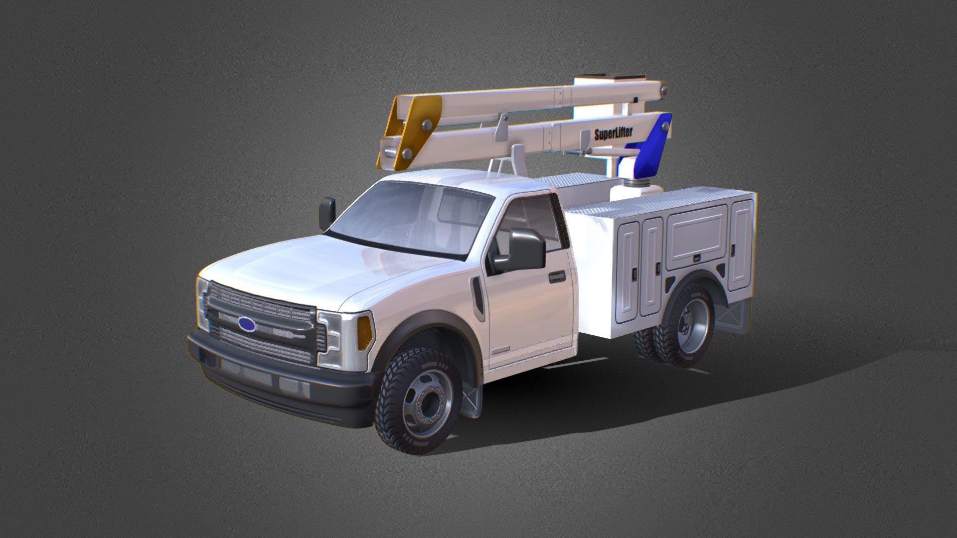 Ford F350 Superduty Basket Crane Truck utility truck for industrial / electrical work. Modelled in Blender, textured in Illustrator. 3 PBR materials for cabin, box and crane, each one with its color, roughness, metalness, bump and opacity channel. PNG texture images for every channel. FBX file included in download 3d model