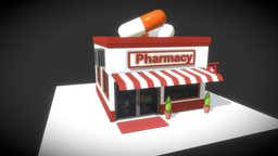Low Poly Pharmacy life, exterior, urban, unreal, isometric, pharmacy, unity, cartoon, lowpoly, low, building, polygon, simple, gameready