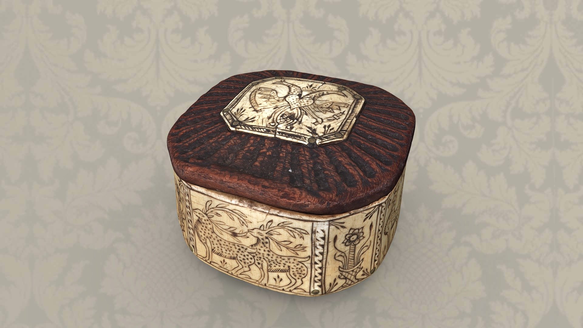 Snuff box with depictions of animals. Lid and bottom are made of wood, the lid has an additional bone plate depicting a double-headed eagle with a heart. The walls of the box show alternating deer and vases. Wood, bone; h 3,2 cm: w 5,2 cm; d 4,9 cm; 1816. Location: Volkskundemuseum Wien - Schnupftabakdose - 3D model by noe-3d.at (@www.noe-3d.at) 3d model