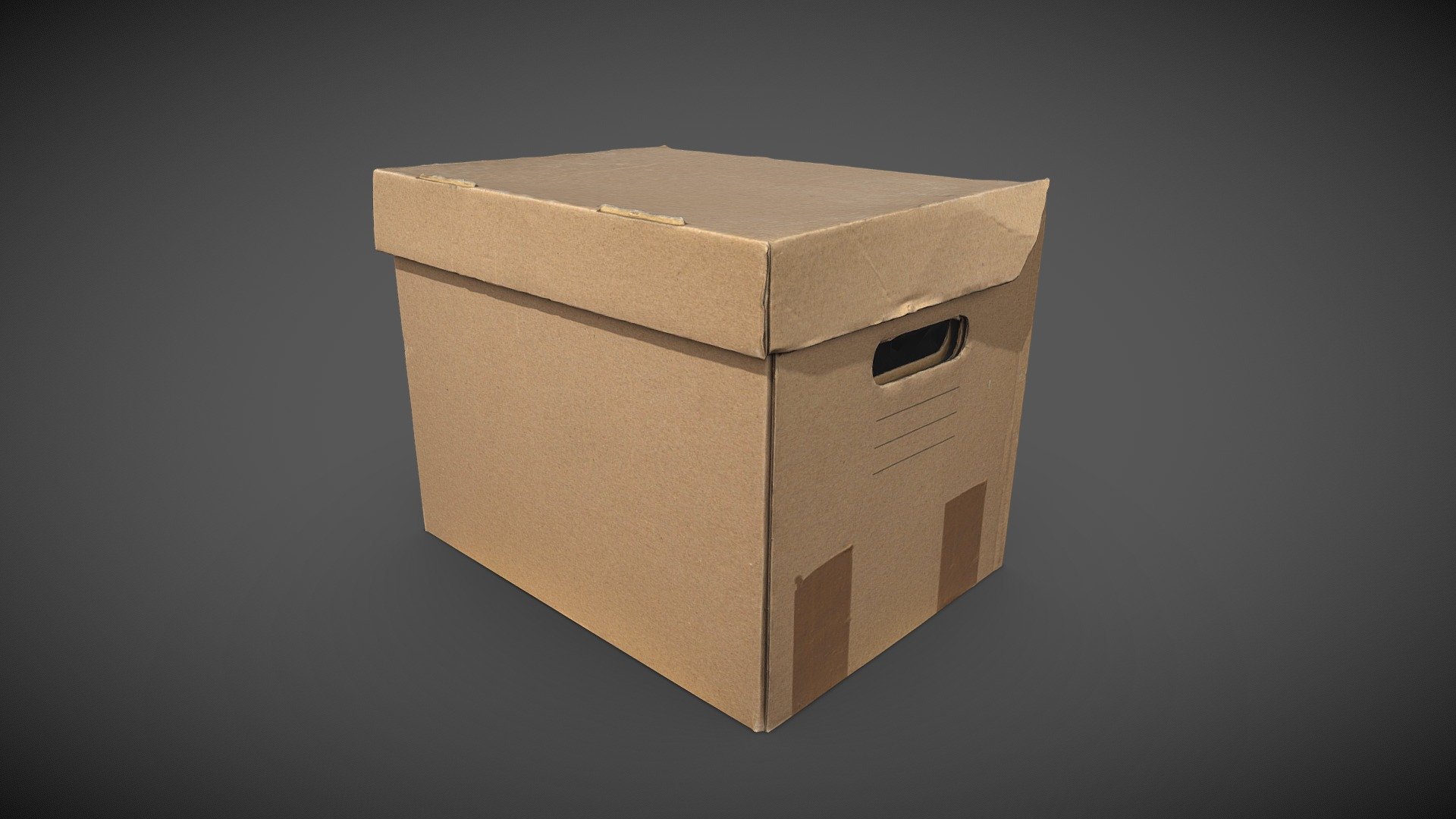 3D scan of used, old, little bit dirty, paper cardboard storage box with lid and holes for holding

Reconstructed in RC from 96 DSLR images

8K diffuse and normal - Cardboard box - Buy Royalty Free 3D model by Goromor (@gorllu) 3d model