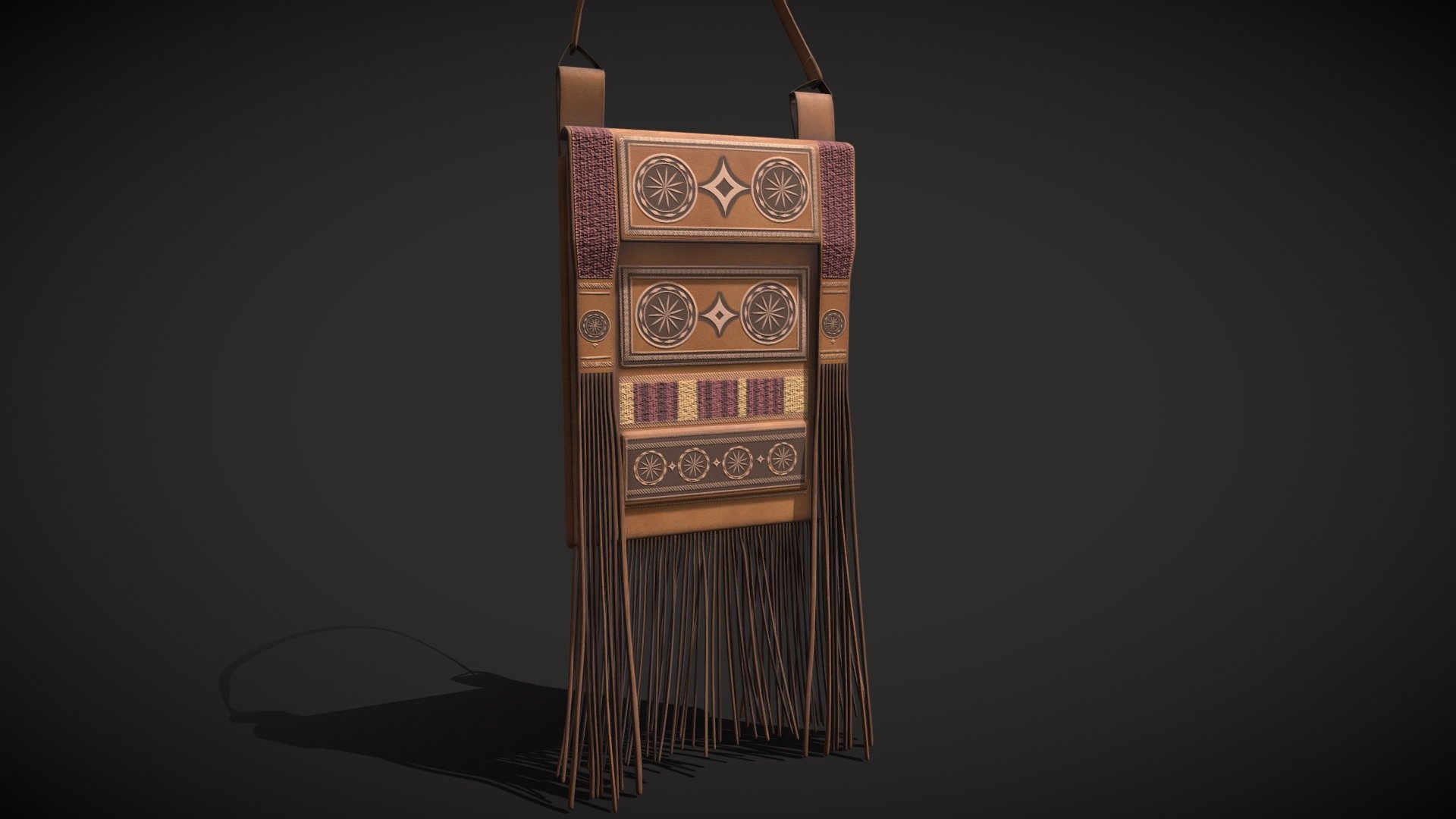 Tanned leather bag with geometric decoration characteristic of Berber culture from between the 11th and 12th century used habitually in the civil and military context of Al-Andalus during the Almohad caliphate.
Historically accurate game ready asset modeled in Blender and high quality PBR (Diffuse/Metallic/Roughness/Normal_OpenGL) textures in Substance Painter at 4k 2k and 1k resolution and subdivision ready for different LOD implementations, at FBX and OBJ files to work with any 3D software. 

LOD 00
Vertex 45664
Faces 45212

LOD 01
Vertex 11568
Faces 11270

References:

https://www.ideal.es/granada/exposicion-granada-ziri-universo-bereber-20191205135226-ga.html?ref=https%3A%2F%2Fwww.google.es%2F - Berber Medieval Bag - Buy Royalty Free 3D model by XYZ 3Dassets (@XYZ3Dassets) 3d model