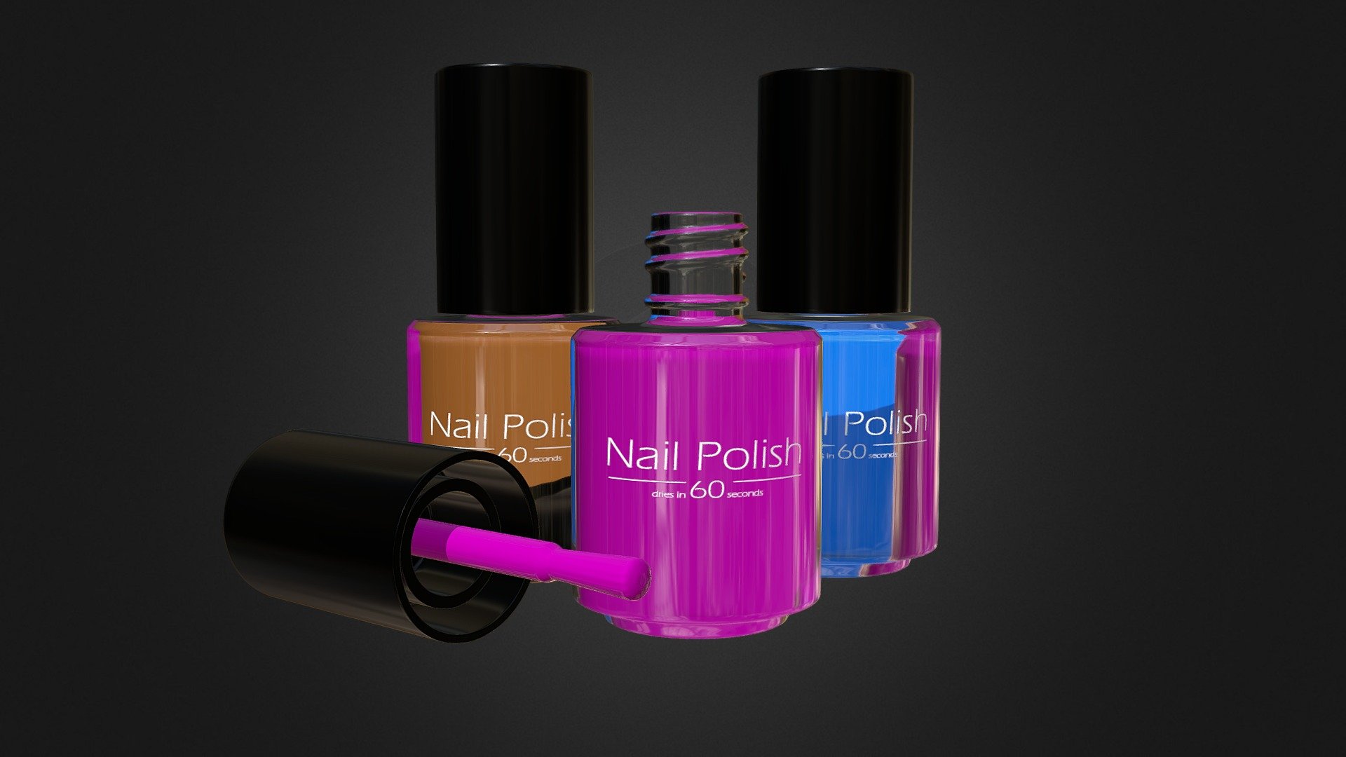 High Poly Nail Polish model created in Blender (6.360 Verts per bottle, without subsurf)


 GEOMETRY 
Clean geometry, quads only. No ngons! Modifiers are not applied, so you still have full and easy geometry control.


MODIFIERS



subsurf (level 2)

mirror


TEXTURES
This model includes a black and white JPG image texture (1.024 X 1.024) to print the label on the bottle. To put your own label on the bottle, you just need to replace this image. The color of the label can be setup in the glass material.


MATERIALS
6 materials created with nodes for Cycles Render. All colors are changeable in the node setup.




glass with lable

polish pink

polish blue

polish red

polish skin

plastic black


SCALE
The model is in real world size and scale.




X = 0,040m (Blender units)

Y = 0,040m (Blender units)

Z = 0,092m (Blender units)


RENDERS



https://www.dropbox.com/s/vl3tnx7vsukae7h/thumb_02.png

https://www.dropbox.com/s/61049wcz01jruo1/signature.png
 - Nail Polish - Buy Royalty Free 3D model by BlendingBastian 3d model