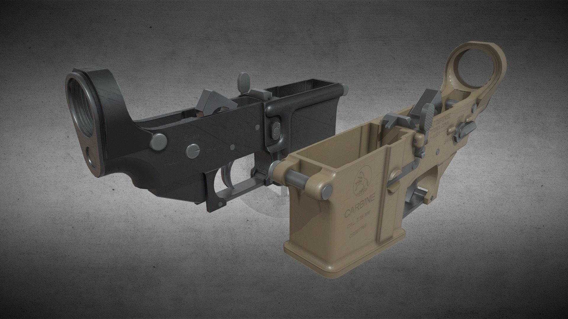 AR-15 | M4 | M16 Carbine Lower Receiver with Semi-Detailed Internals for Gunsmith-Features in Games. 
Outside of Weapon Customization Features, non-visible interior Geometry (Hammer, Springs, etc.) can be removed to save render resource. 
For further customization small parts geometry can be removed and replaced with custom Objects (Fire-Selectors, Bolt Catches, Mag-Releases, Trigger Groups, Takedown Pins etc.) - AR-15 / M4 / M16 Lower Receiver - 3D model by BayernMaik 3d model