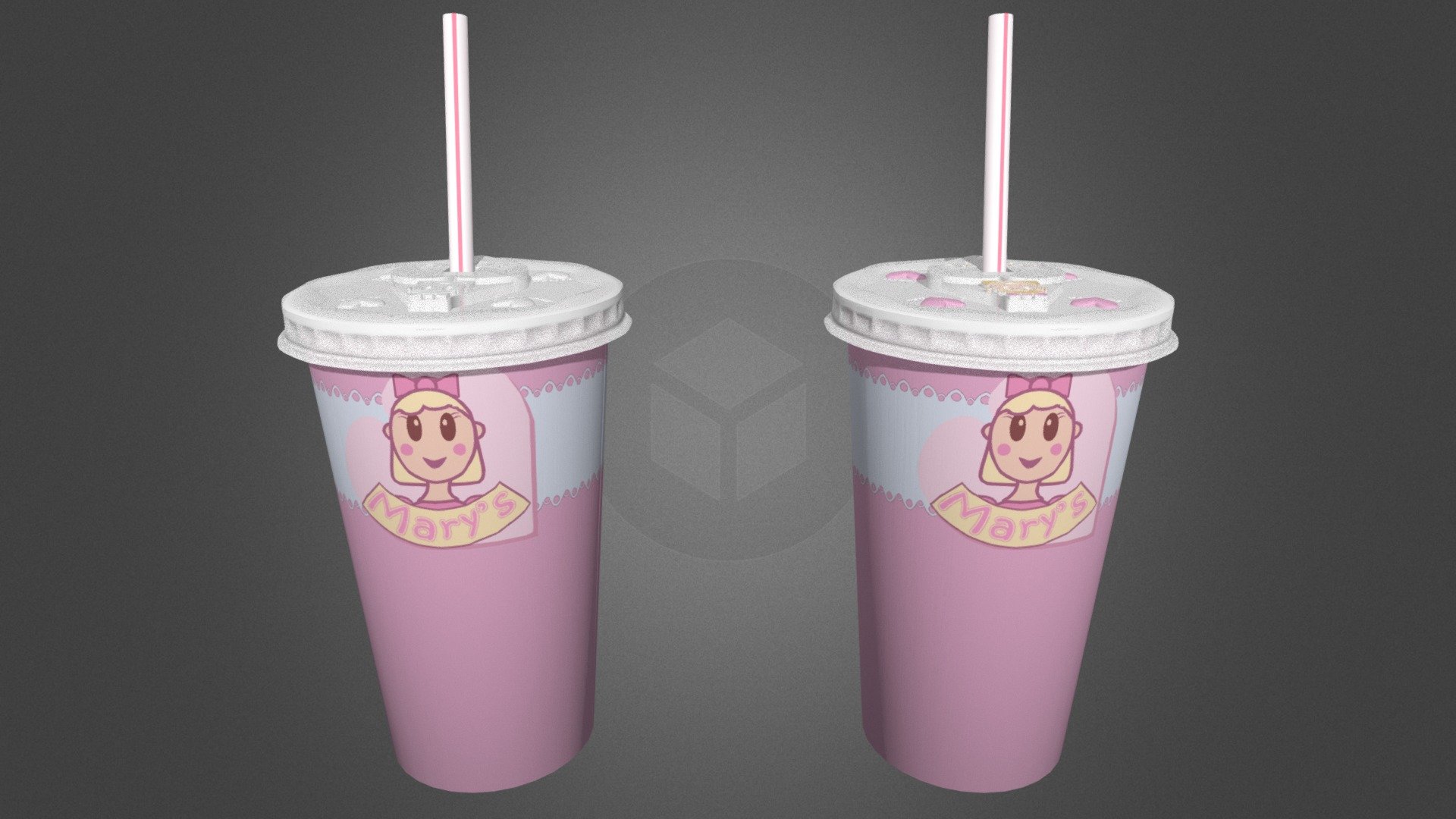 In Mary and Xane’s world, Xane Corp. owns a restaurant chain named “Mary’s“. Mary enjoys drinking from these cups, most likely due to their cuteness or them having her face on them. The cups used by the restaurant are inspired by both McDonald’s and the old Wendy’s design, the latter very obvious when looking at the cup’s lid.

This is the new version of the cup, modelled using Blender v3.12, using SVG (vector) versions of the lid's design layers to give the cute Mary's logo design smoother edges that more accurately resemble its intended appearance, compared to the old model's &ldquo;low-resolution