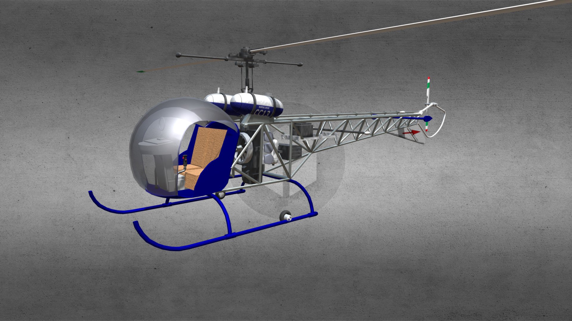 The Bell 47 is a two-bladed, single engine, light helicopter manufactured by Bell Helicopter.

Product Features:




The model includes groups, which your software should read as separate parts, including:

Upper and rear blades, engine fan, and control sticks.

The model is UV mapped and some textures are included.

Most materials use either glass or metal shaders.

Original model by Digimation and uploaded for sale with permission 3d model