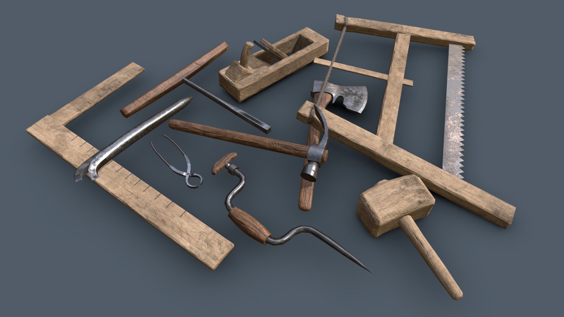 Carpentry Tools
This is part of a Carpentry Station set.




Optimized 3D models ready for use in video games and other projects.

10 tools.

Contains 5 textures that make up a single material.

A separate set of chisels on my profile (free).

contains .blend file

For specific questions, feel free to comment or contact me through email available on my profile 😀

For more 3D models check my profile! 

  Don't forget to like and follow :) - Carpentry Tools - Buy Royalty Free 3D model by Mikołaj Michalak (@M_Michalak) 3d model