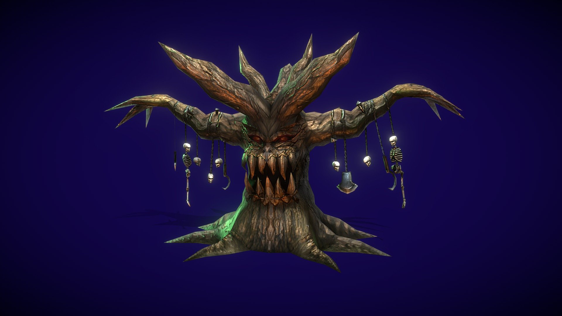 A tree-like humanoid creature with incredible strength and barkskin that gives it a strong natural armor.

It consists of one geometry of 2361 triangles and a material with albedo, metallic and bump channels. Each channel has a resolution of 2048 pixels.
It is rigged and animated with 12 animations which are: attack, battle run, battle stand, damaged, death end, death start, down end, down start, getup, neutral stand, neutral walk, special stand. The rig type is Generic 3d model