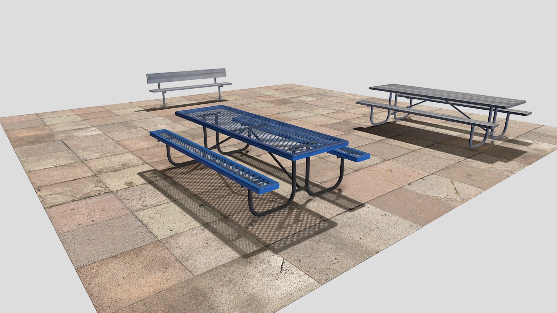 These Park Tables and Bench were modelled in Blender.  Texture sheets were made in Photoshop.  Tables and benches have normal maps generated as well. 
Low Poly and Game Ready 3d model