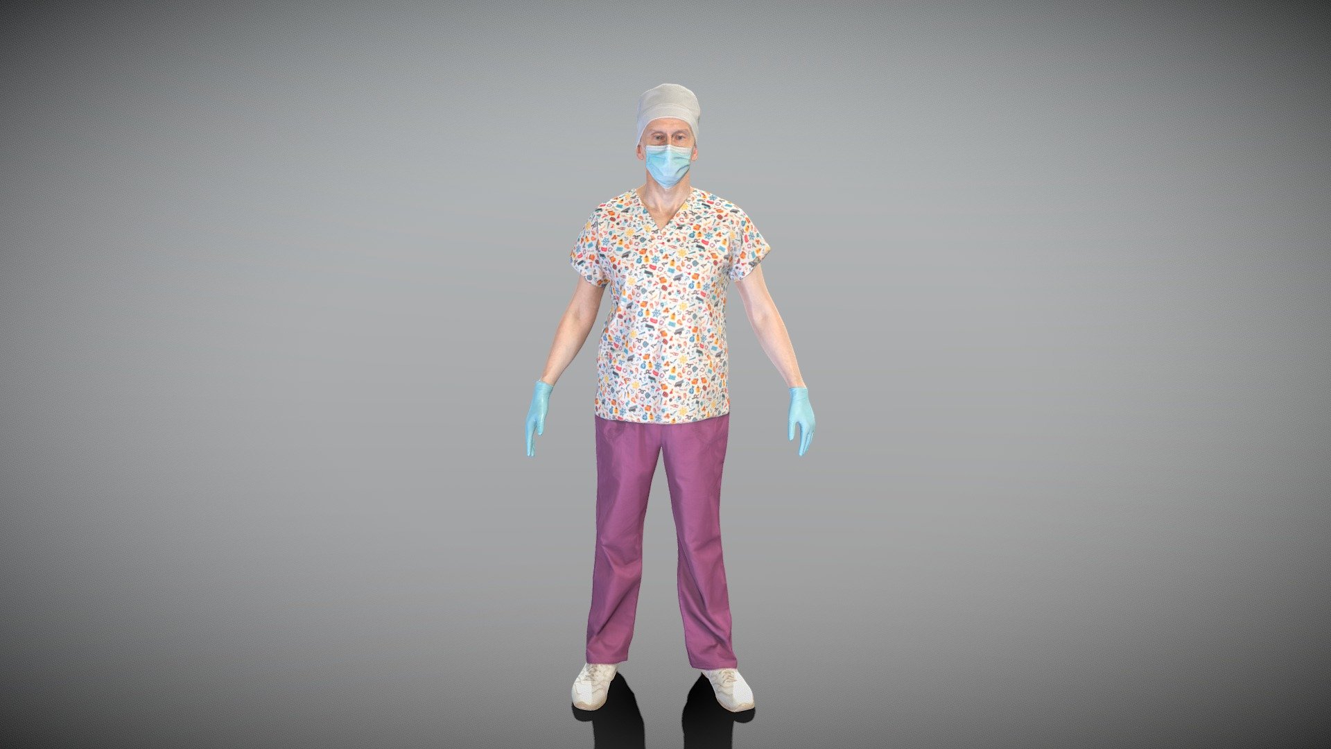 This is a true human size and detailed model of a man of Caucasian appearance dressed in a uniform of a medical doctor. The model is captured in the A-pose with mesh ready for rigging and animation in all most usable 3d software.

Technical specifications:




digital double scan model

low-poly model

high-poly model (.ztl tool with 5-6 subdivisions) clean and retopologized automatically via ZRemesher

fully quad topology

sufficiently clean

edge Loops based

ready for subdivision

8K texture color map

non-overlapping UV map

ready for animation

PBR textures 8K resolution: Normal, Displacement, Albedo maps

Download package includes a Cinema 4D project file with Redshift shader, OBJ, FBX, STL files, which are applicable for 3ds Max, Maya, Unreal Engine, Unity, Blender, etc. All the textures you will find in the “Tex” folder, included into the main archive.

3D EVERYTHING

Stand with Ukraine! - Male surgeon ready for surgery in A-pose 426 - Buy Royalty Free 3D model by deep3dstudio 3d model