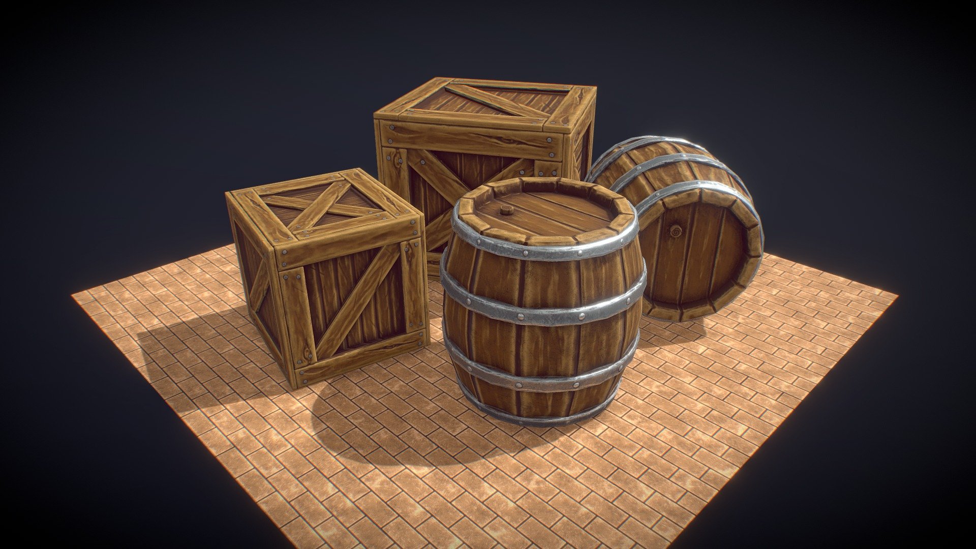 Lowpoly Wooden Boxes and Barrels with handpaint textures - Wooden Props Scene - 3D model by Sir Erdees (@sirerdees) 3d model