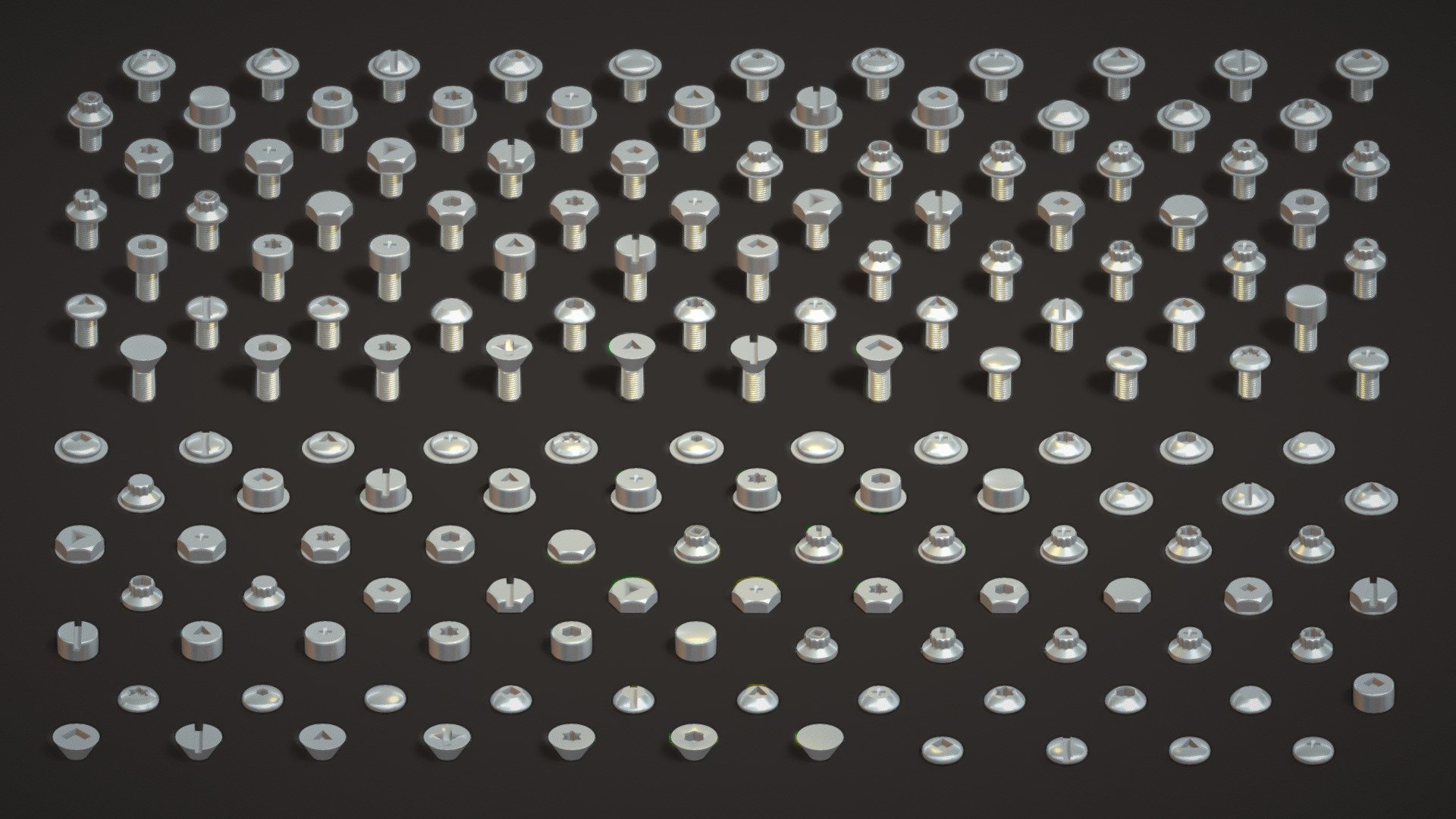 Pack of different types of screws and Bolts.

77 Separated Heads


77 Bolts and Screw Lowpoly Models




Realistic Metallic Screw and Bolt pack can be used for industrial props and accessories.



Base Models for any screw model

Included Files:

- This pack includes the Blend file format.
- Additional Zip File Include: Separate (FBX, OBJ, GLB, STL) for Each Model




This meticulously crafted 3D model collection is designed for easy printing and adds a touch of realism to your creations.

Perfect for 3D printing enthusiasts, hobbyists, and DIYers, this pack is a must-have for bringing precision and authenticity to your projects.

Download the Bolt Screw Pack now and infuse your DIY projects with precision and realism.
Simplify your crafting process with these low poly, realistic, and printable bolts and screws - a perfect addition to any maker's toolkit! 🔩🛠️🎨 - Bolt & Screw Pack Low Poly Realistic Collection - Buy Royalty Free 3D model by Laxminarayan Artistry (@LaxminarayanArtistry) 3d model