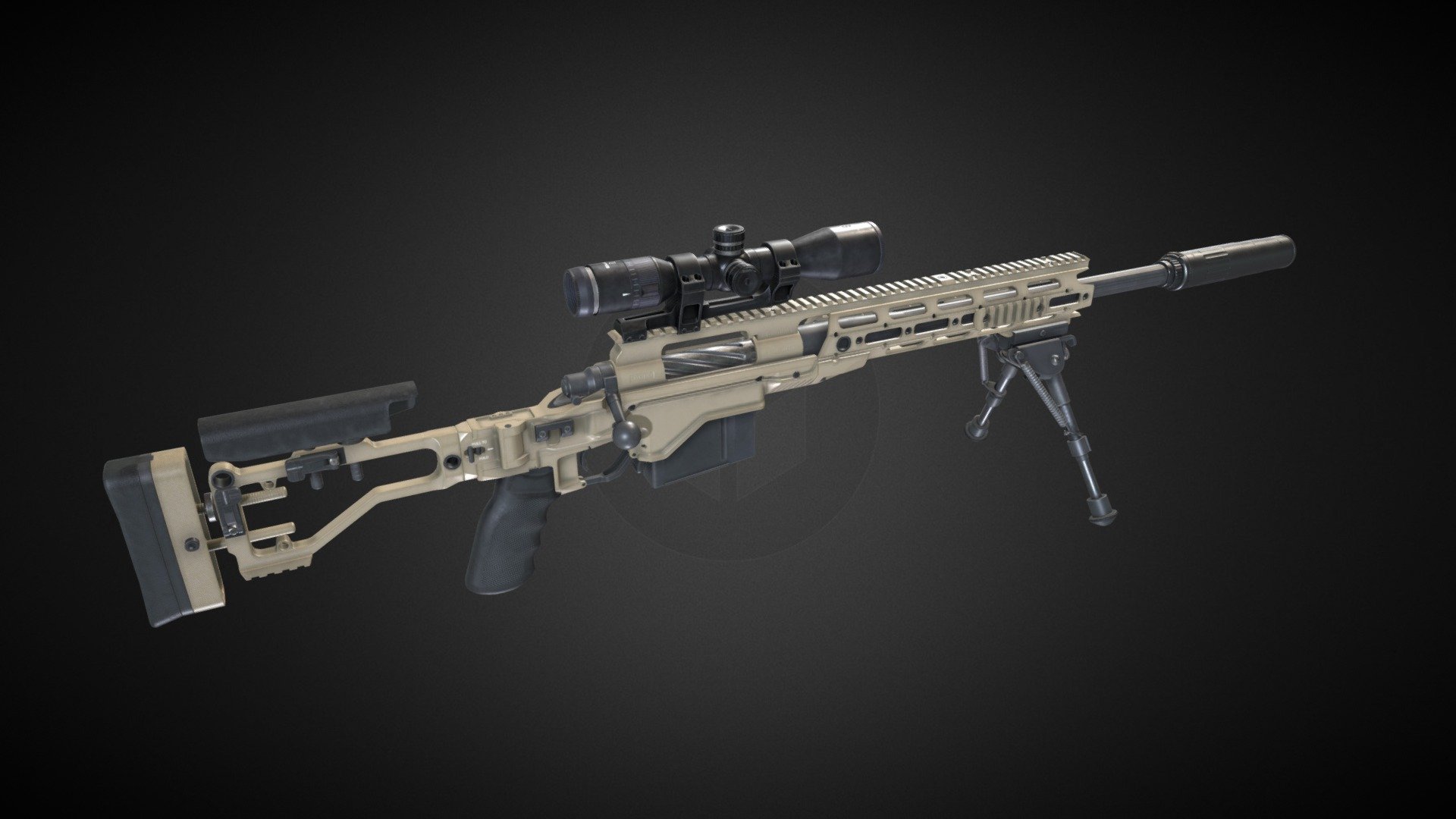 Rifle based on Remington Accessory Chassis System (RACS) contracted for USA SOCOM around 2013 by Surgeon.  

Model is rigged, but there is also version with separated parts.  

Rifle it self have 3 PBR Materials in 4K. Scope, bipod and suppressor have separated Materials. Black, FDE and tanodized/gold colors are included.

Verts: 30.6K / without addons: 21.5K

Tris: 60.4K / without addons: 42.8K  

Made in Blender.  

PS. For preview model I used 2K textures as due to all addons it would be tad big and heavy with all those 4K uncompressed textures 3d model